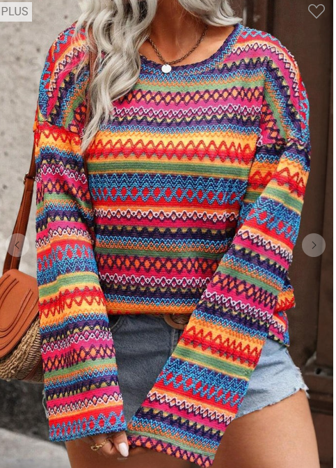 Plus Ethnic Boho Stripe Long Sleeve