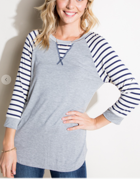 Plus Heather Gray Stripe Round Neck Baseball Top