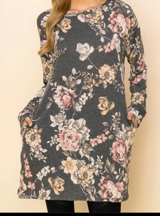 Plus Light Charcoal Floral Pocket Tunic