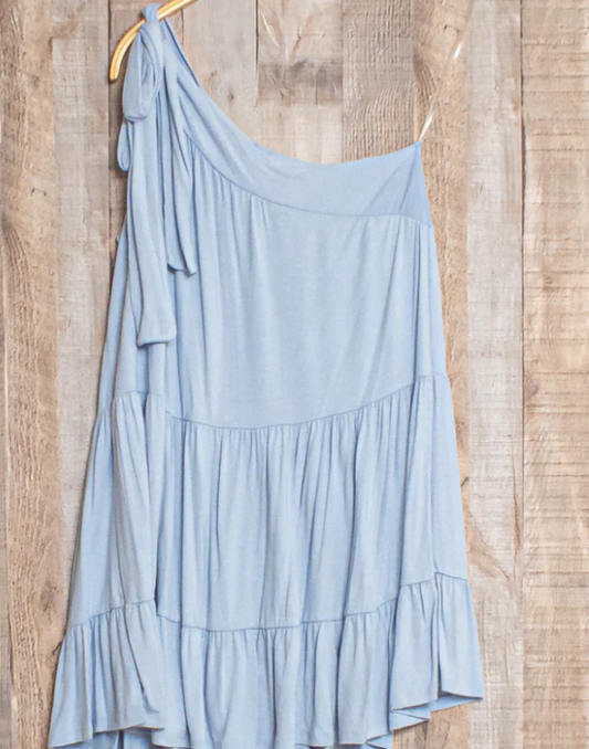 Plus Light Blue One Shoulder Tiered Top