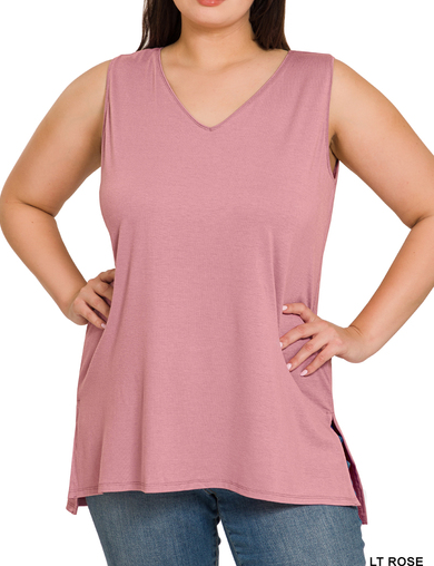 Plus Light Rose Side Slit Vneck Tank Top