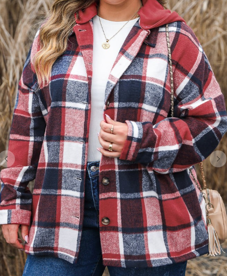 Plus Red Plaid Button up Hooded Jacket