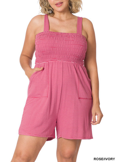 Plus Rose smocked top stripe romper with pockets