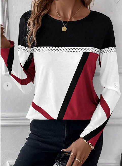 Red Contrasting Color Patchwork Printed Top