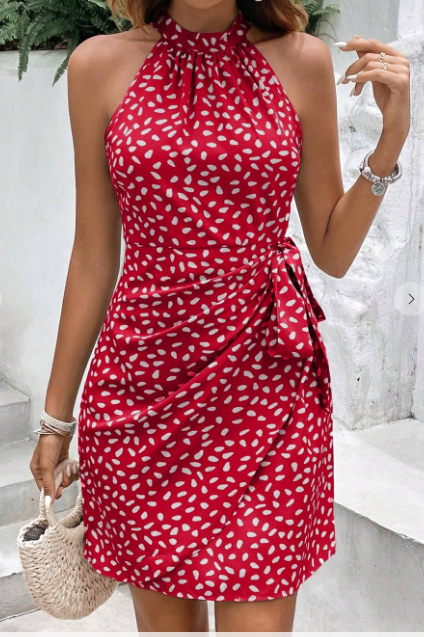 Hanging Neck Zipper Sleeveless Floral Dress