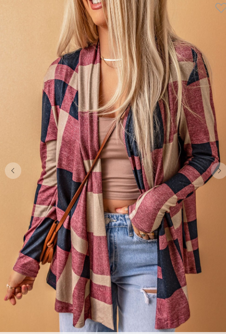 Red Plaid Draped Open Front Cardigan