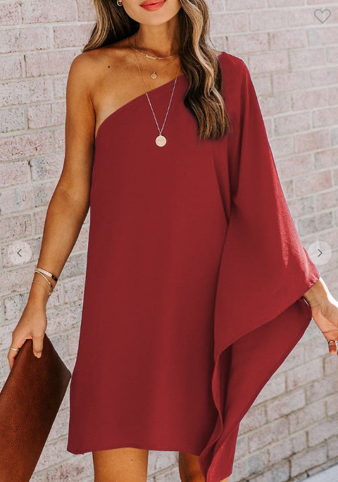 Solid One Shoulder Batwing Sleeve Dress