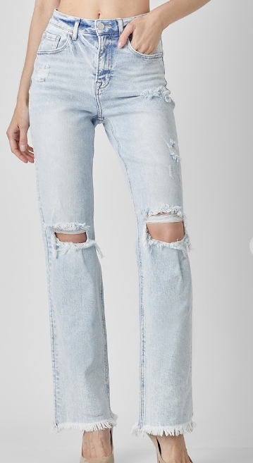 Risen High Rise Light Wash Frayed Hem Jeans