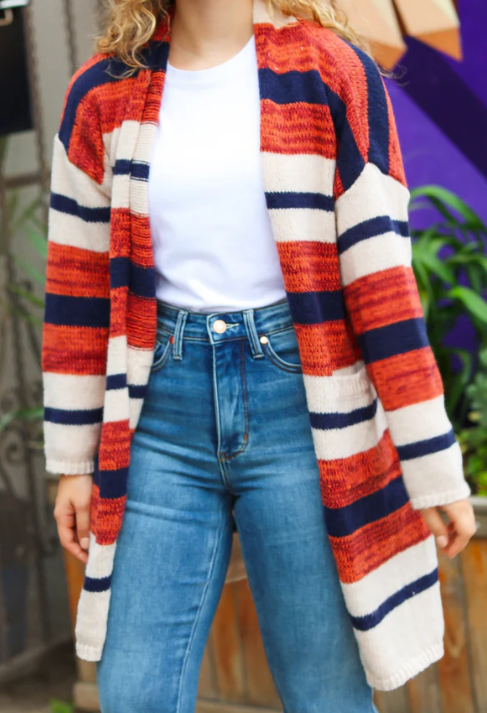 Rust and Navy Stripe Pocket Cardigan