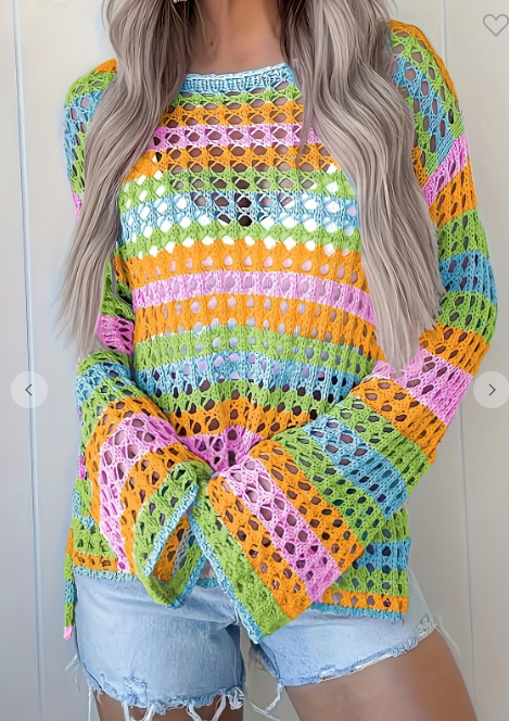 Multi color round neck hollow sweater