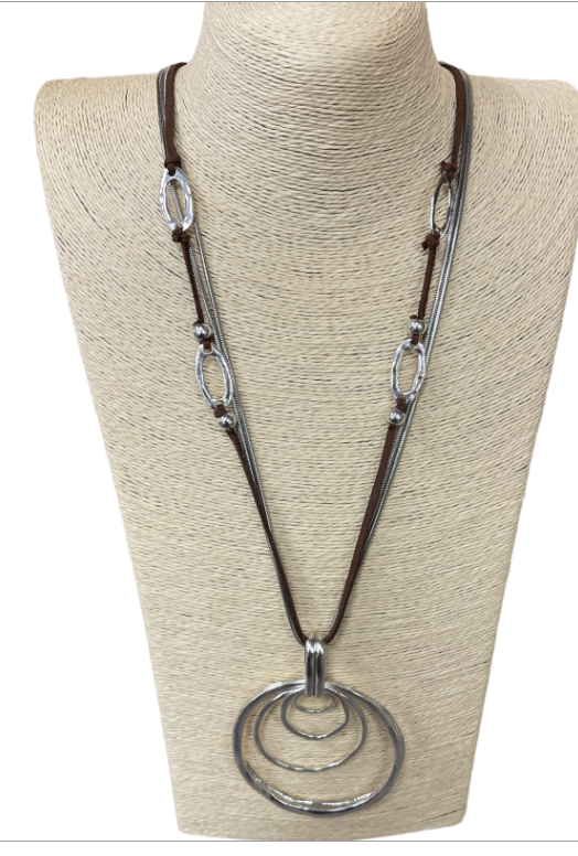 Silver Multi Layer Circles Brown Cord Necklace