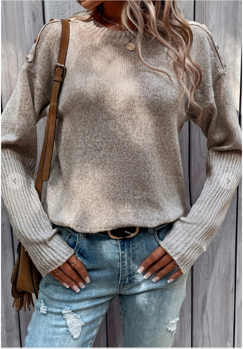 Tan Round Neck Button Sweater