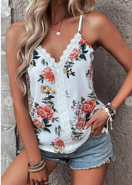 White Floral Lace Cami Tank Top