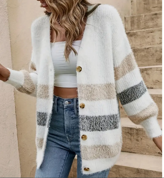 White Colorblock Knit Cardigan