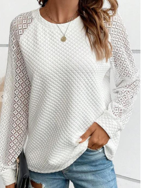 White Patchwork Lace Long Sleeve Top