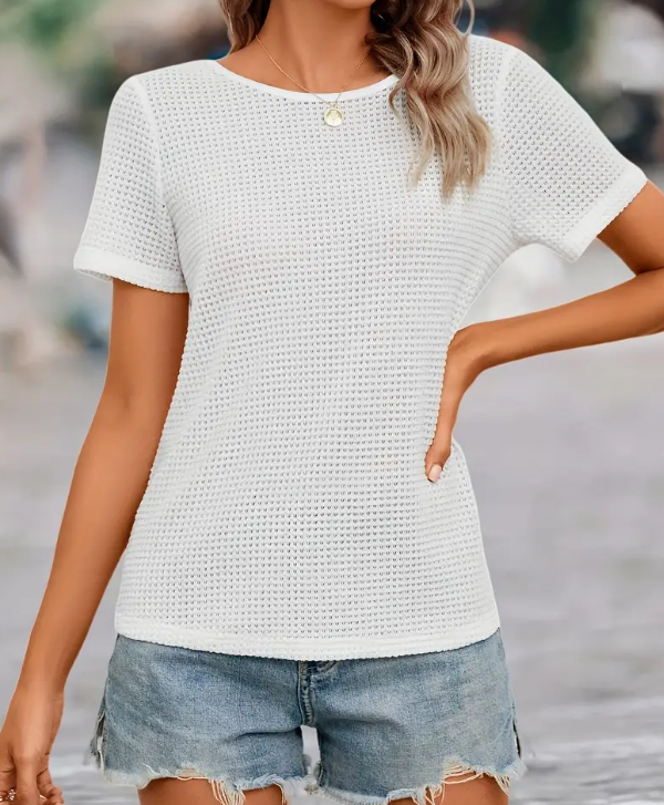 White Short Sleeve Waffle Back Bow Top