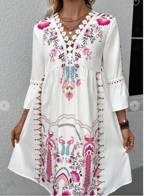 White Vneck Lace Patchwork Printed Dress