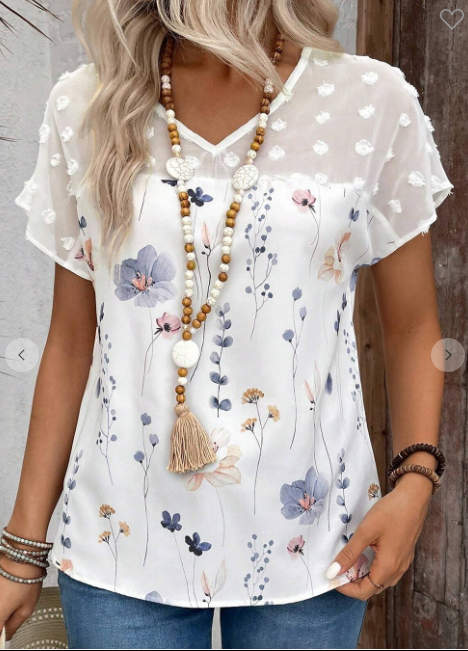 White Vneck Printed Patchwork Short Sleeve Top