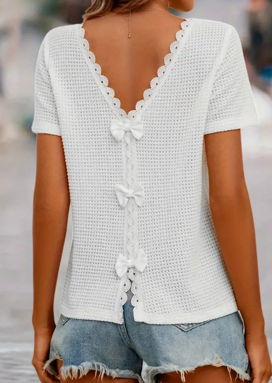 White Short Sleeve Waffle Back Bow Top