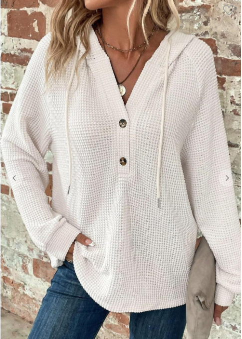 V-neck Waffle Button Long Sleeve  Hoodie