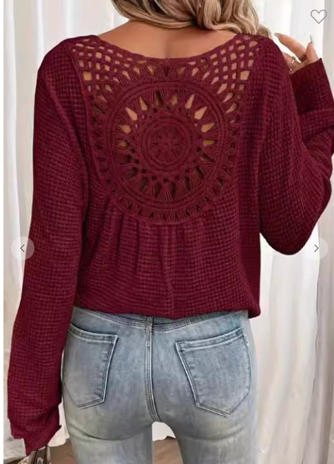 Hollow V-neck pattern back long sleeve knit top