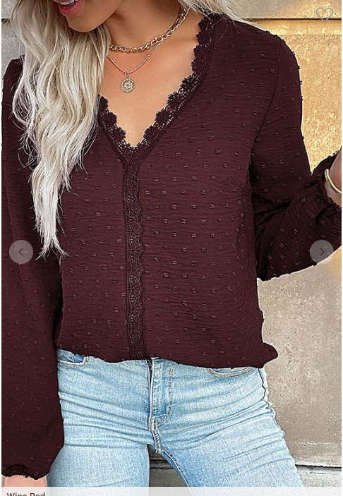 Wine Lace Patchwork Long Sleeve Top