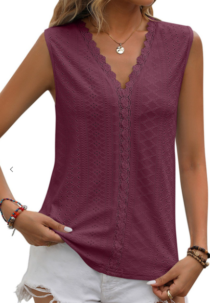 Wine Red V-neck lace hollowed out tank top