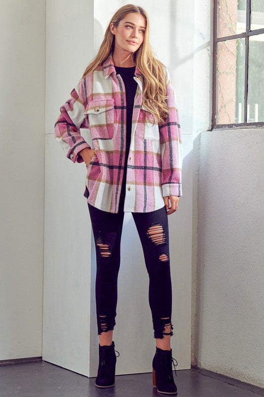 Cozy plaid patterned button down jacket