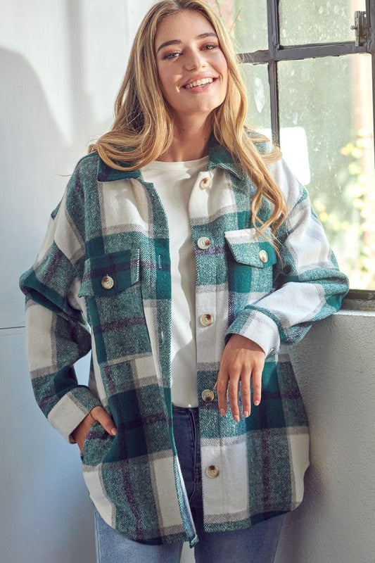 Cozy plaid patterned button down jacket