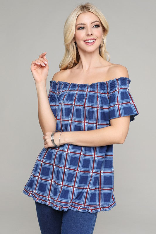 Navy Red Check Off Shoulder Top