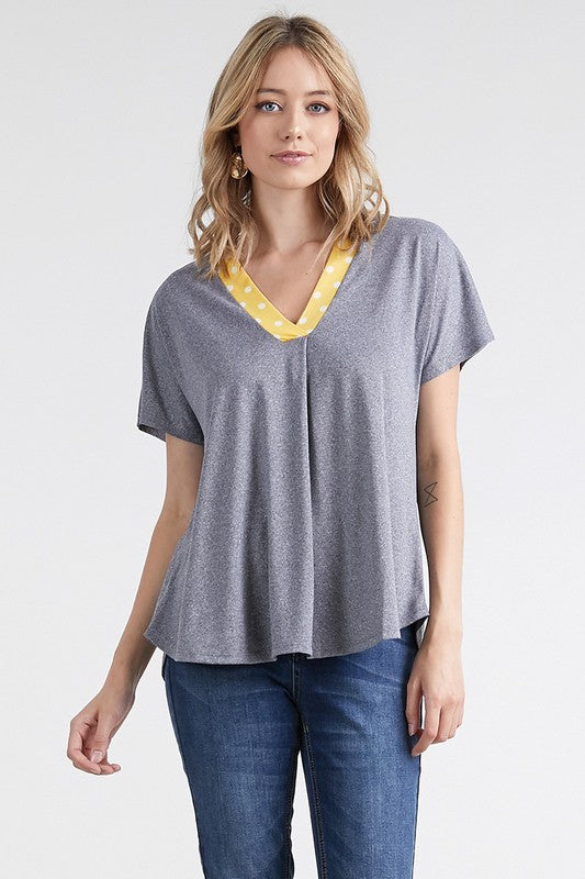Heather Gray Yellow Polka Dot V neck top