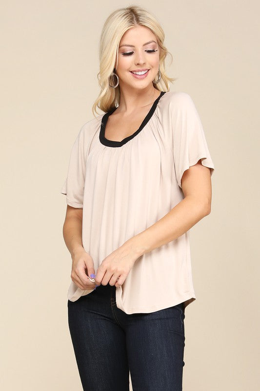 Taupe Black Vneck Band SS Top
