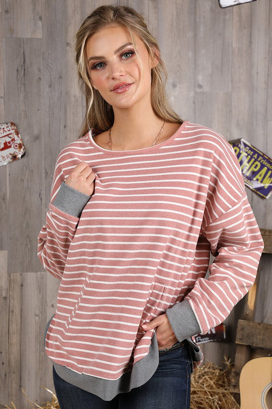Pink Stripe Banded Sweatshirt