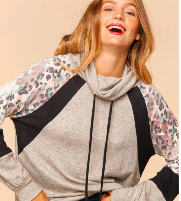 Heather Gray Mauve Animal Print Cowl Neck