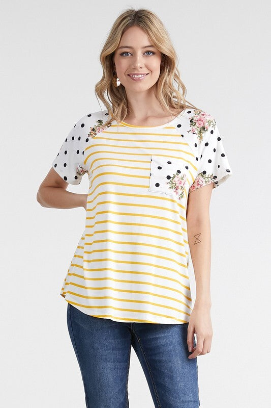 Plus Mustard Stripe Off White Short Sleeve Top