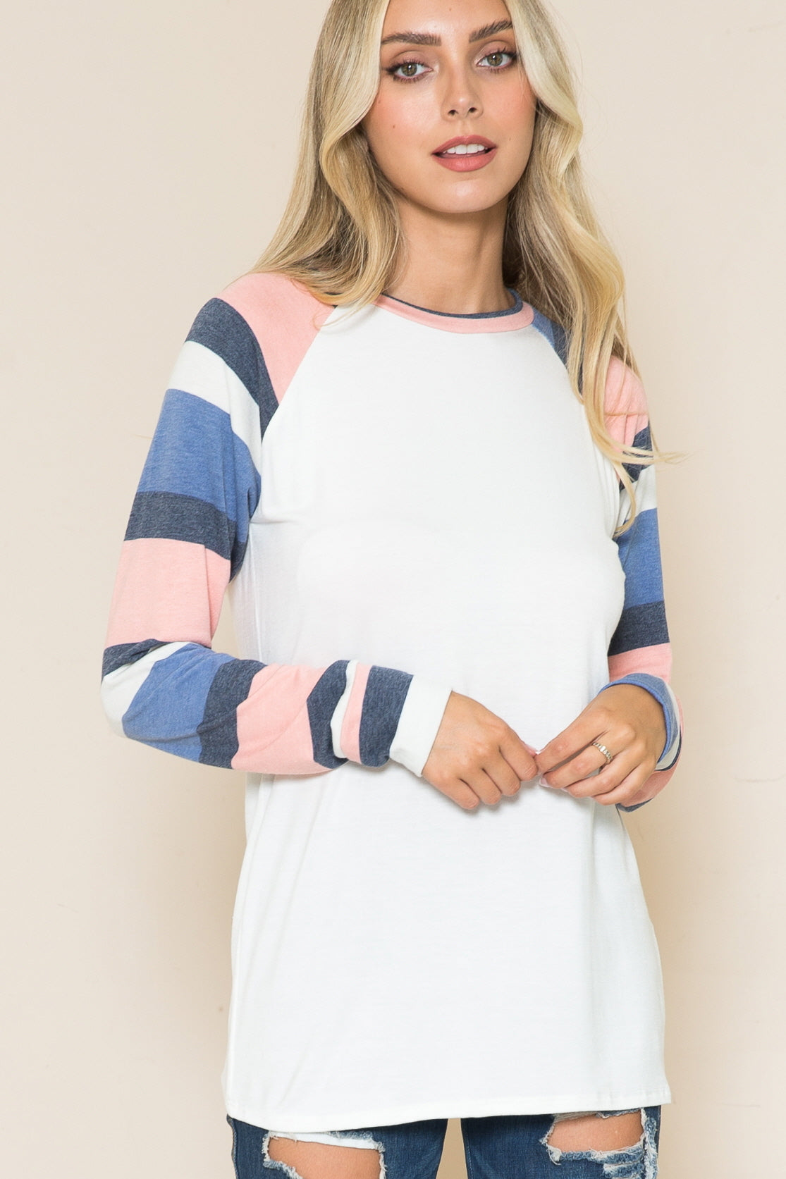 Ivory Top with pink and blue stripe sleeves