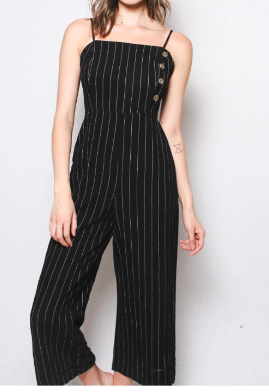 Black white stripe button jumpsuit