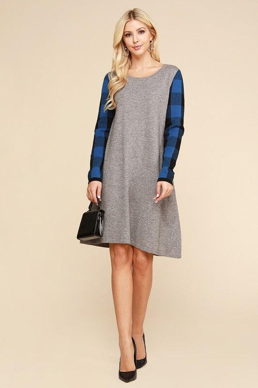 Gray with Blue Plaid Sweater Dress