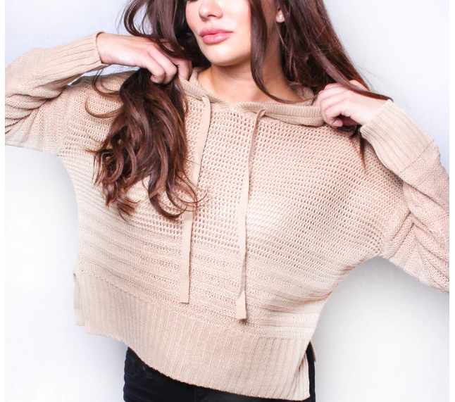 Camel Cable Knit Drawstring Hoodie