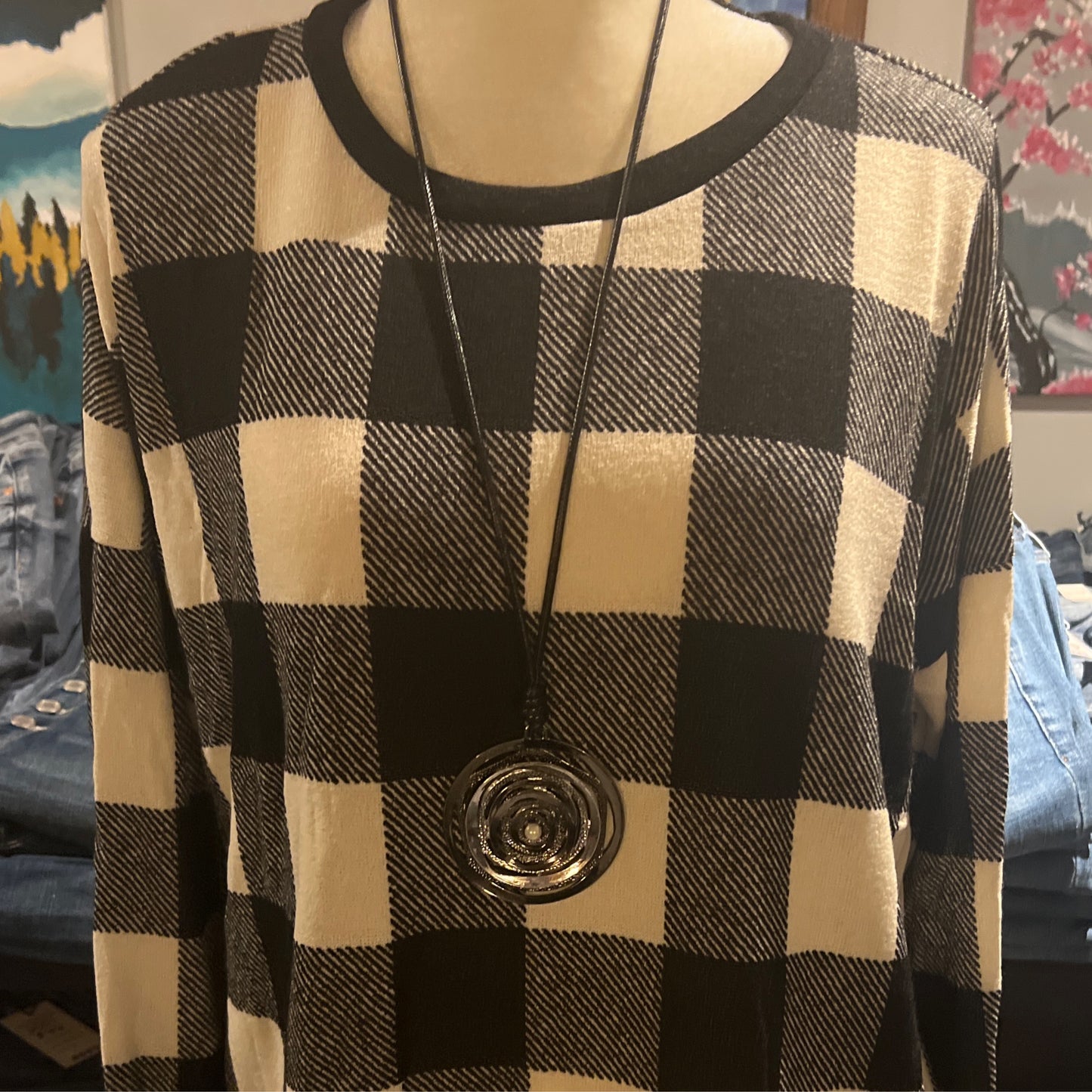 Plus Black white Plaid Tunic with pockets