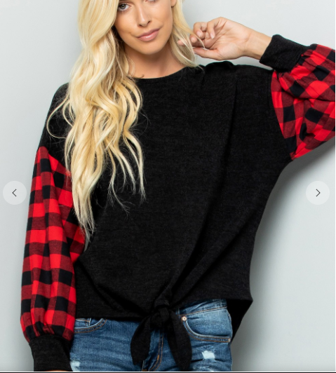Plus Black Top with red plaid sleeves