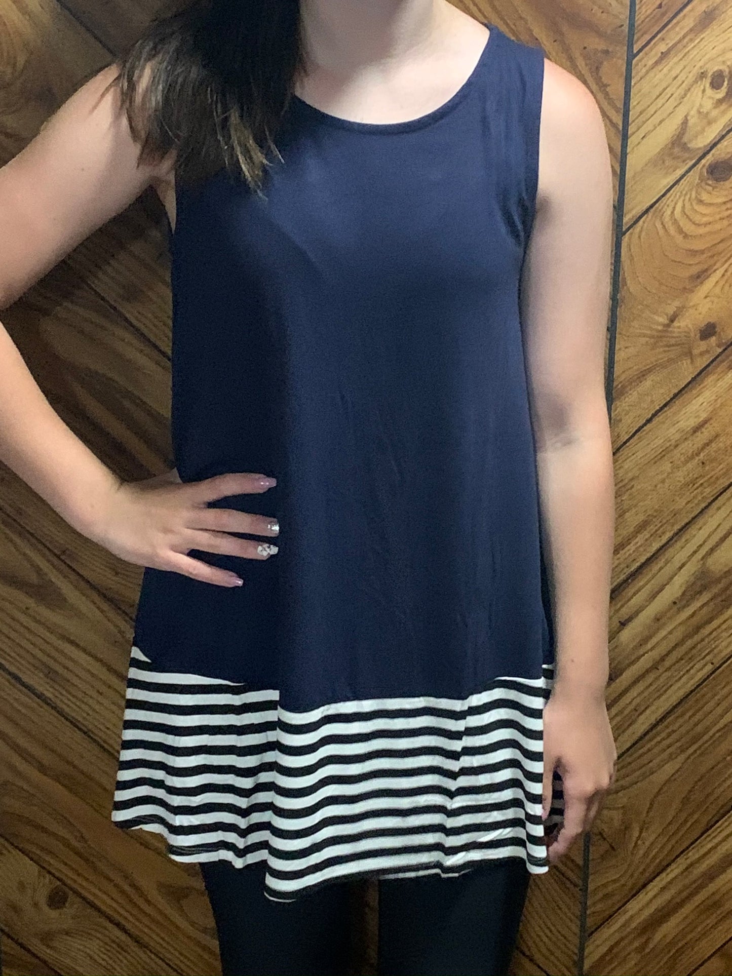 Navy Stripe Solid Sleeveless Tunic